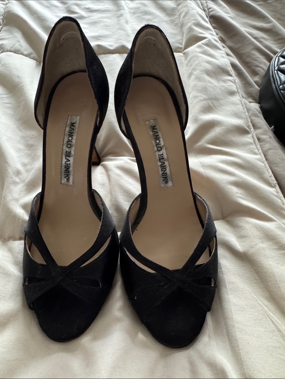 Manolo Blahnik Black satin D'Orsay Peep-Toe Heels with Crossed Straps EU 36.5
